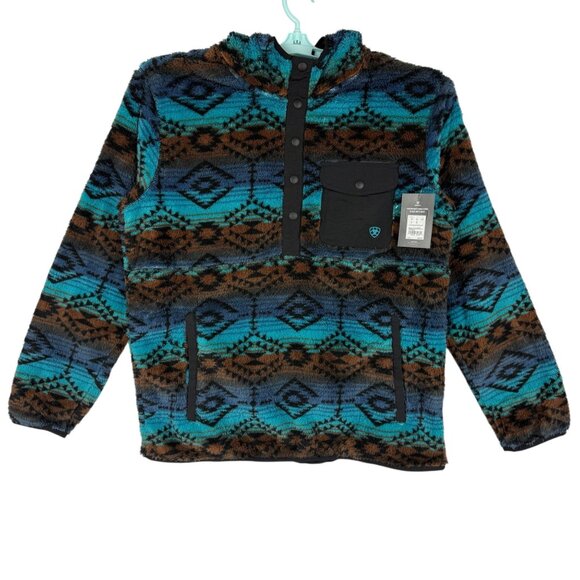 Ariat Men's Pullover Enamel Blue Serape Polar Bear Fleece Hood Size Large NWT - Picture 2 of 11